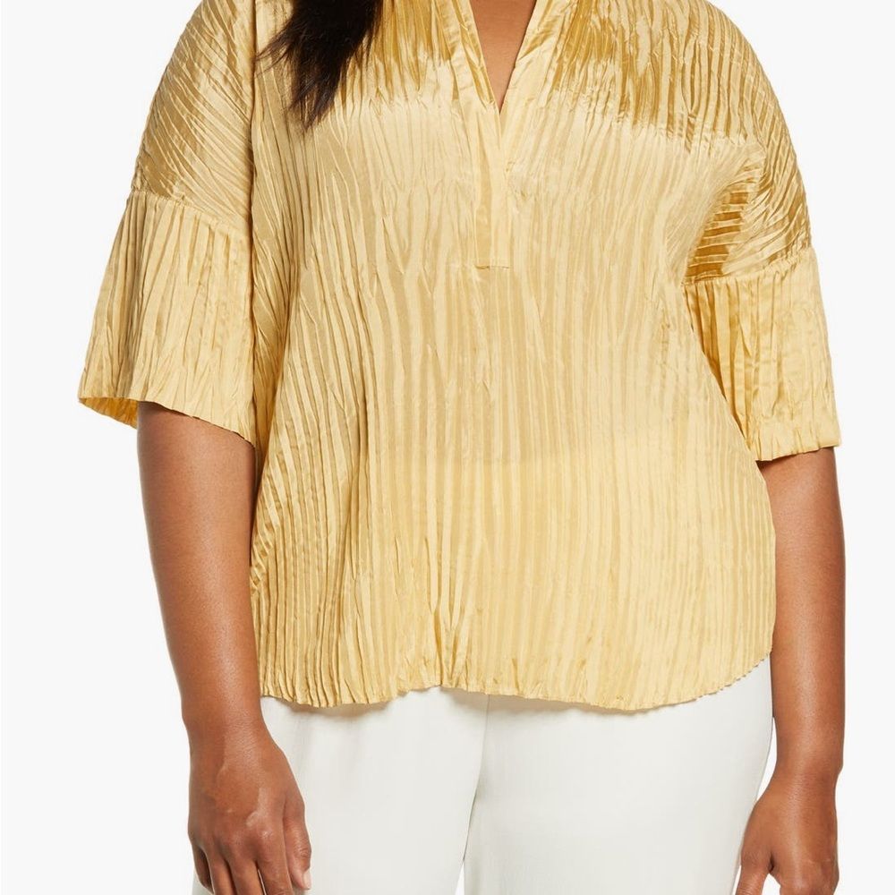 Vince Silk Yellow Pleated Blouse With Mandarin Collar